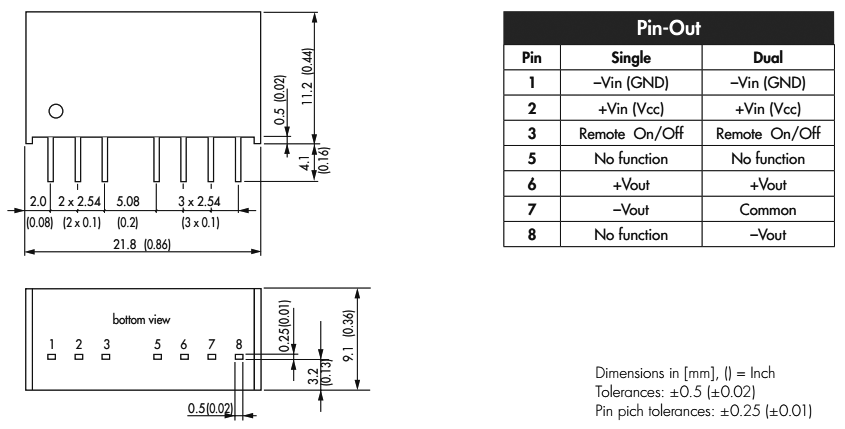 Converter: DC/DC; 6W; Uin: 9÷36V; Uout: 5VDC; Uout2: -5VDC; SIP8; 4.8g