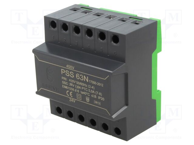 Transformer: mains; 63VA; 400VAC; 24V; Leads: terminal block; IP30