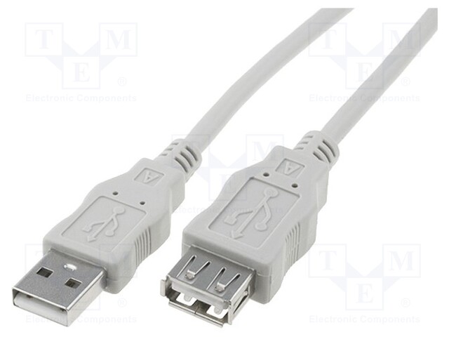 Cable; USB 2.0; USB A socket,USB A plug; nickel plated; 3m; grey