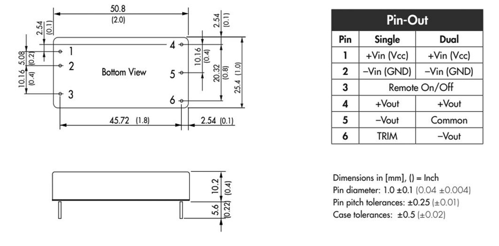 Converter: DC/DC; 60W; Uin: 36÷75V; 12VDC; Iout: 5000mA; 2"x1"; 33g