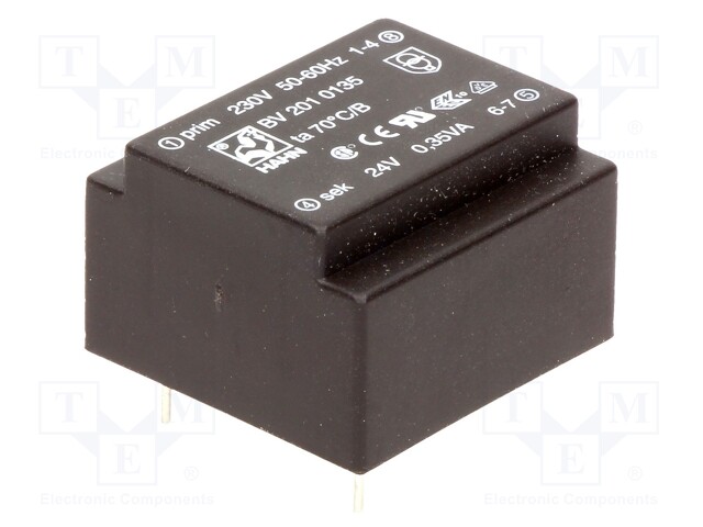 Transformer: encapsulated; 0.35VA; 230VAC; 24V; 15mA; Mounting: PCB