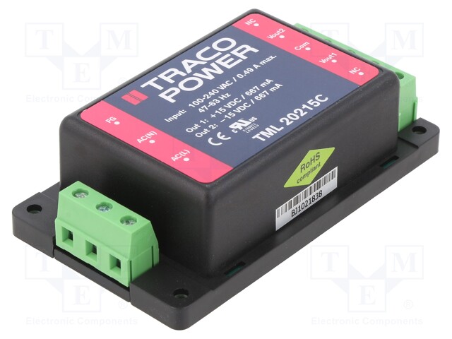 Converter: AC/DC; 20W; Uout: 15VDC; Iout: 667mA; 84%; Series: TML 20