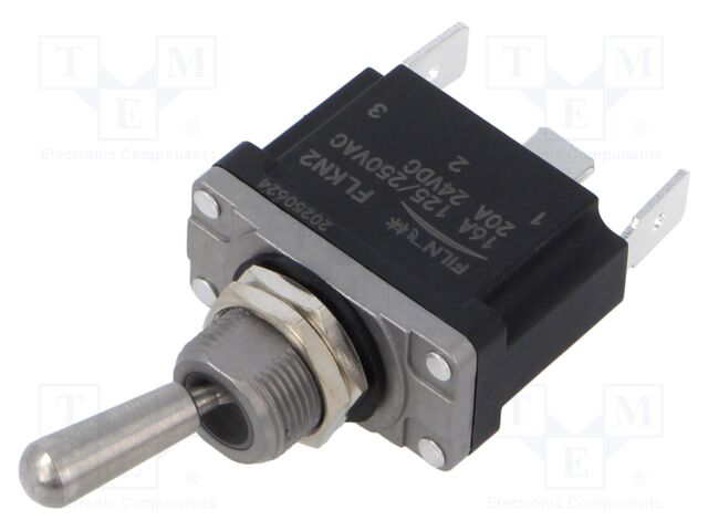 Switch: toggle; Pos: 2; SPDT; ON-ON; 16A/250VAC; 20A/24VDC; on panel