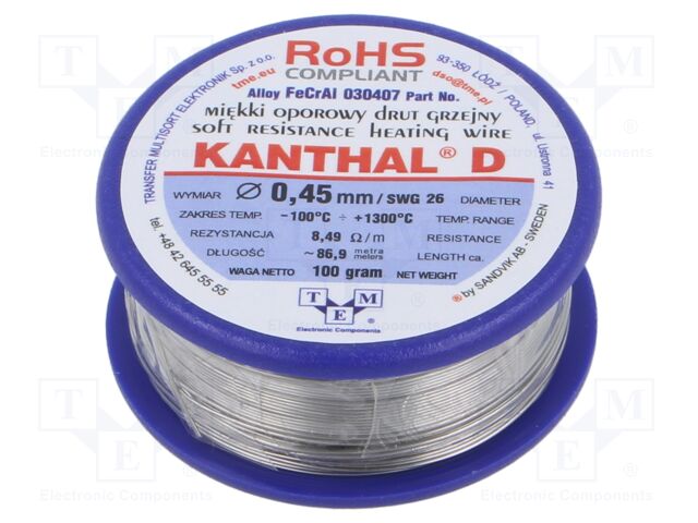 Resistance wire; 8.49Ω/m; -100÷1300°C; 0.1kg; Øout: 0.45mm; FeCrAl