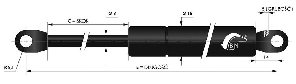 Gas spring; E: 365mm; Features: with welded steel eyes; Øout: 18mm