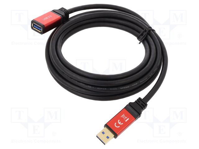 Cable; USB A socket,USB A plug; gold-plated; 3m; black; metal