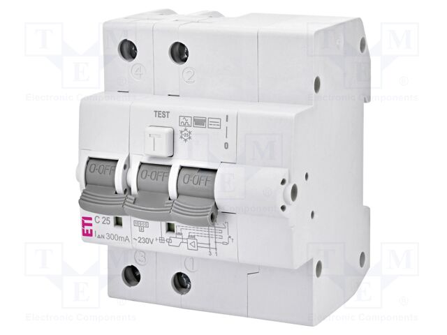 RCBO breaker; Inom: 25A; Ires: 300mA; Poles: 2; 230VAC; IP20; 1÷25mm2