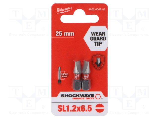 Screwdriver bit; slot; 6,5x1,2mm; Overall len: 25mm; 2pcs.