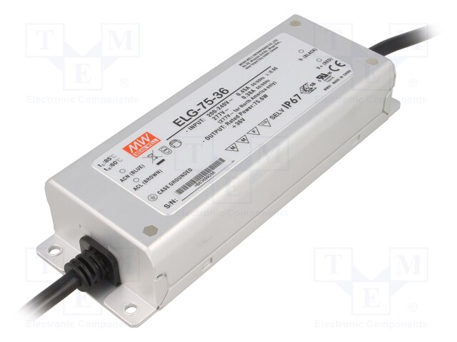 Power supply: switched-mode; LED; 75.6W; 36VDC; 2.1A; 180÷295VAC