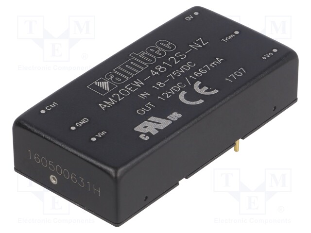 Converter: DC/DC; 20W; Uin: 18÷75V; 12VDC; Iout: 1667mA; 2"x1"; 26g
