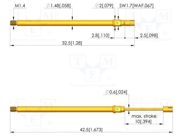 Test needle; Spring compression: 6mm; 10mm; 2A; CuBe; gold-plated