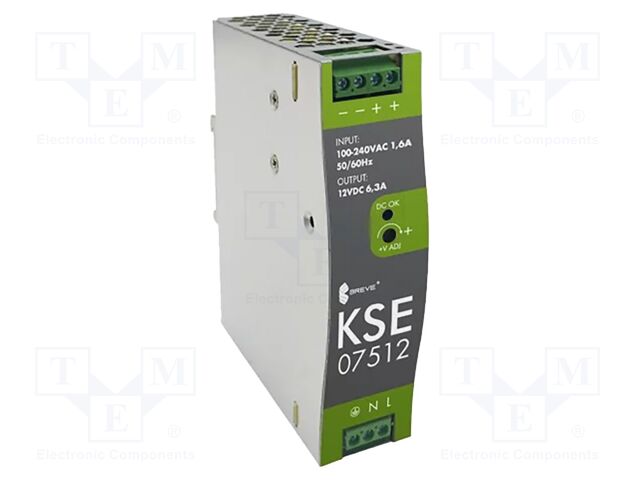 Power supply: switched-mode; for DIN rail; 75.6W; 12VDC; 6.3A
