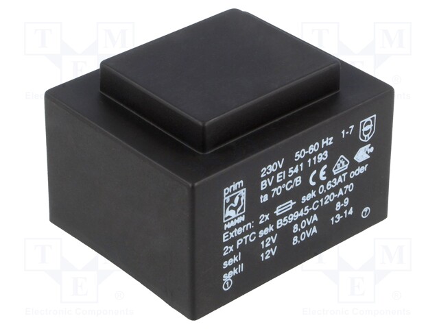 Transformer: encapsulated; 16VA; 230VAC; 12V; 12V; 667mA; 667mA