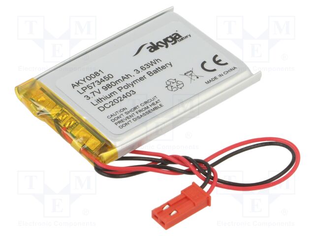 Re-battery: Li-Po; 3.7V; 980mAh; cables,JST SYP-02T-1 socket