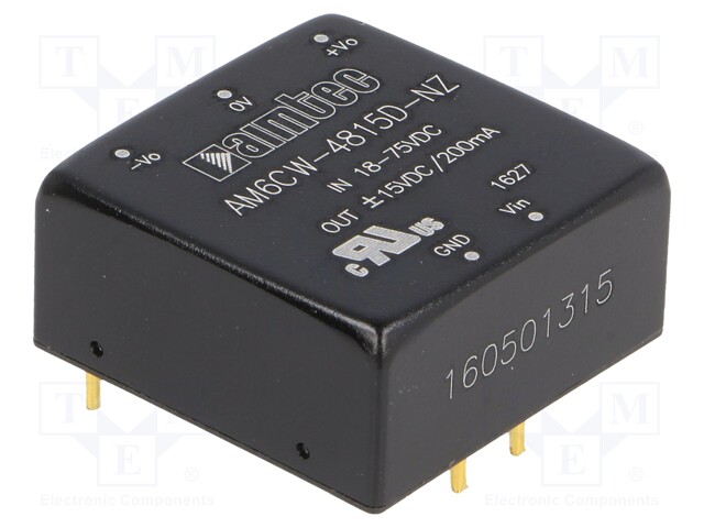 Converter: DC/DC; 6W; Uin: 18÷75V; Uout: 15VDC; Uout2: -15VDC; 1"x1"