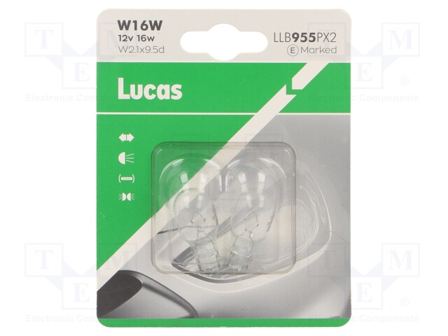 Filament lamp: automotive; W2,1x9,5d; transparent; 12V; 16W; LLB