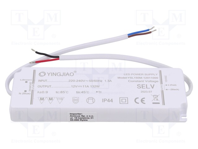 Power supply: switched-mode; LED; 132W; 12VDC; 11A; 220÷240VAC