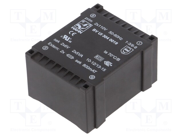 Transformer: encapsulated; 10VA; 110/110VAC; 6V; 6V; 833mA; 833mA