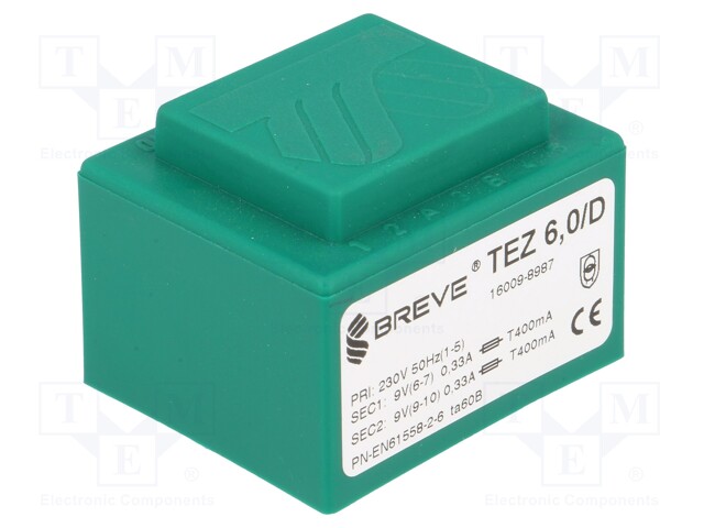 Transformer: encapsulated; 6VA; 230VAC; 9V; 9V; 333.3mA; 333.3mA