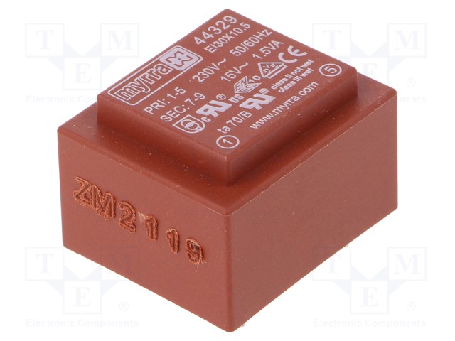 Transformer: encapsulated; 1.5VA; 230VAC; 15V; 100mA; Mounting: PCB