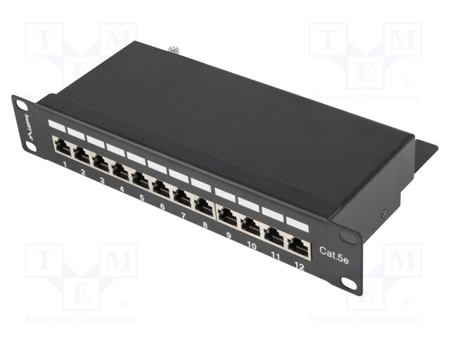 Patch panel; black; Number of ports: 12; Cat: 5e; RJ45 socket x12