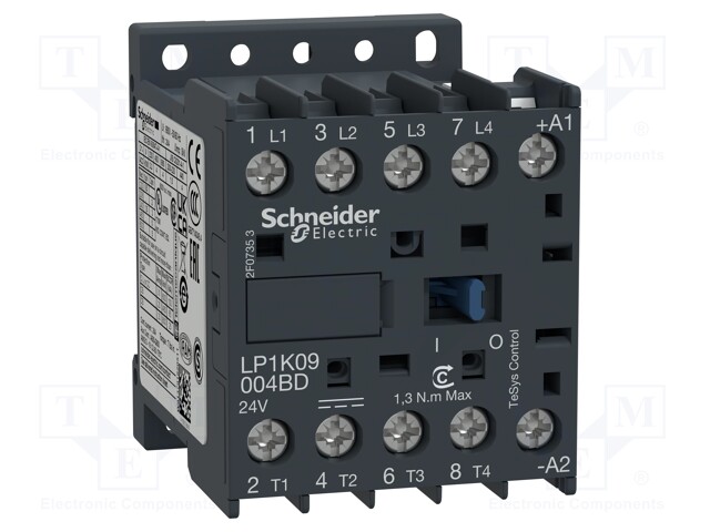 Contactor: 4-pole; NO x4; 220VDC; 9A; DIN,on panel; TeSys K; W: 45mm