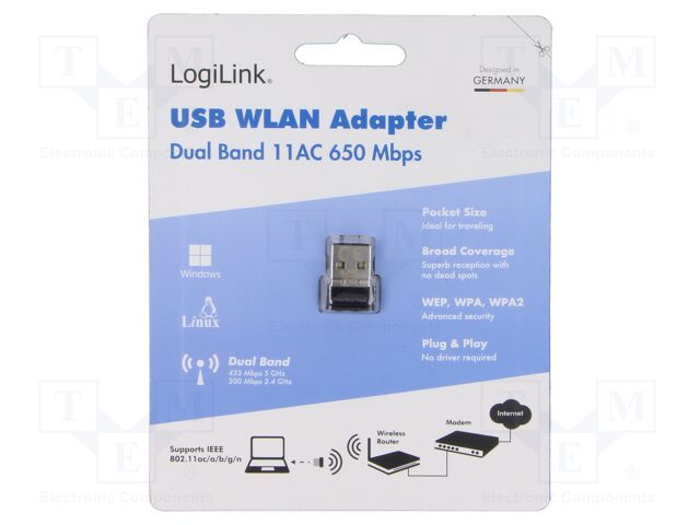 PC extension card: WiFi network; USB A plug; USB 2.0; black; 10m