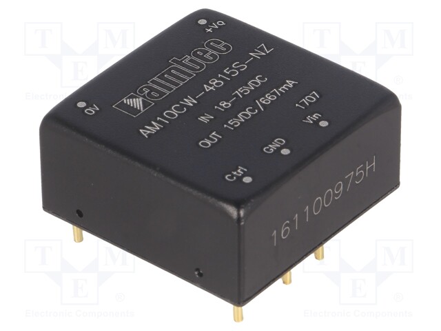 Converter: DC/DC; 10W; Uin: 18÷75V; 15VDC; Iout: 0.66A; 1"x1"; 15g