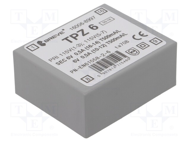 Transformer: mains; 6VA; 115VAC; 6V; 6V; Mounting: PCB; IP00
