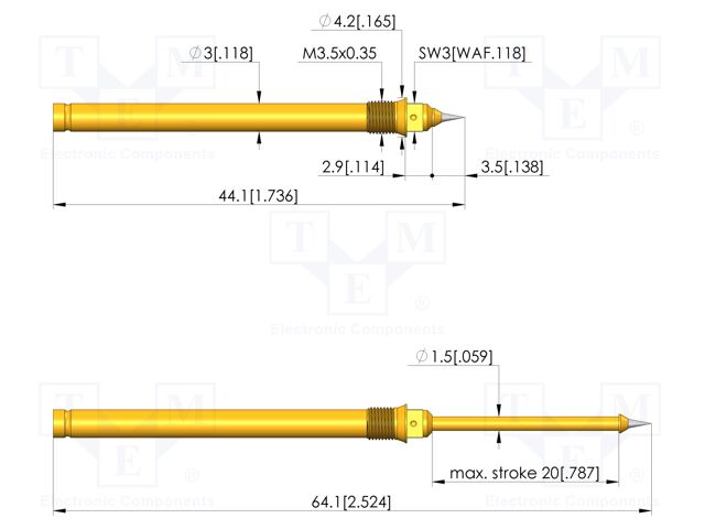 Test needle; Spring compression: 12mm; 20mm; 2A; steel; Ø: 2mm; 1.7N