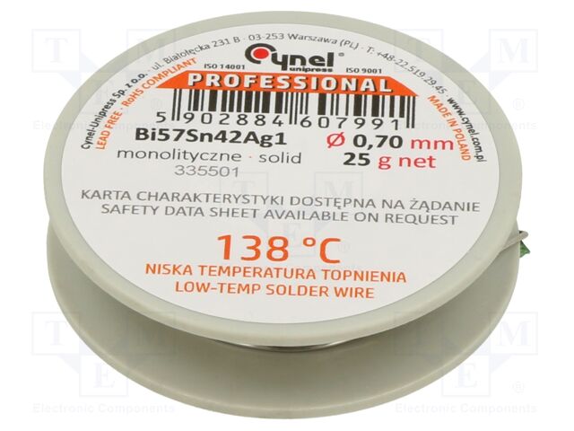 Tin; lead free; Bi57Sn42Ag1; 0.7mm; 25g; reel; Flux: flux free