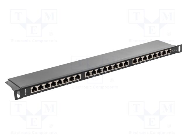 Patch panel; black; Number of ports: 24; Cat: 5e; RJ45 socket x24