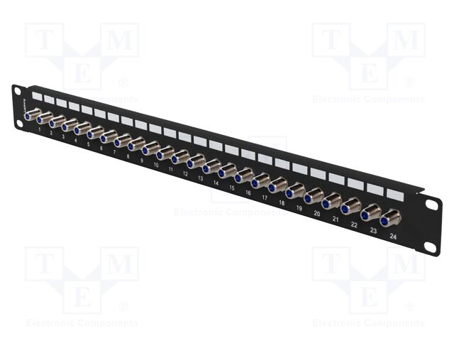 Patch panel; black; Number of ports: 24; F socket x24; rack 19"