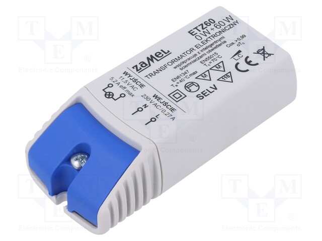 Transformer: electronic; 60VA; 230VAC; 11.5V; IP20; 95x41.5x27.5mm