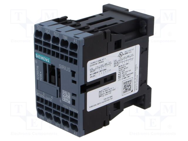 Contactor: 3-pole; NO x3; Auxiliary contacts: NO; 110VAC; 9A; 3RT20