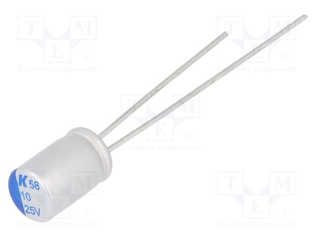 Capacitor: polymer; 10uF; 25VDC; ESR: 70mΩ; A758; THT; ±20%; 5000h