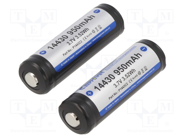 Re-battery: Li-Ion; 14430,4/5AA; 3.7V; 950mAh; Ø14.3x45.8mm; 1.8A