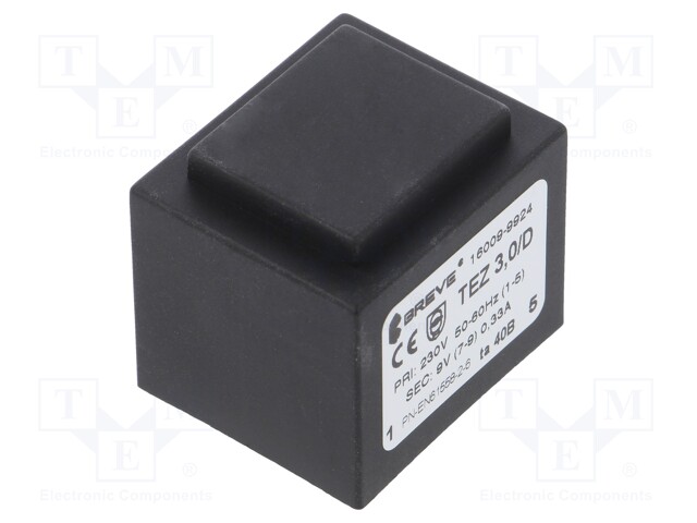 Transformer: encapsulated; 3VA; 230VAC; 9V; 333mA; Mounting: PCB