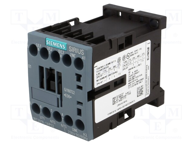 Contactor: 3-pole; NO x3; Auxiliary contacts: NC; 230VAC; 9A; 3RT20