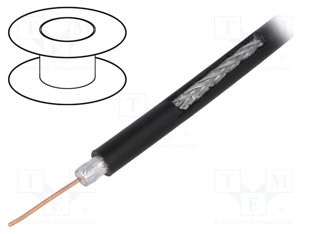 Wire: coaxial; RG6; 1x75Ω; solid; Cu; PE; black; 100m
