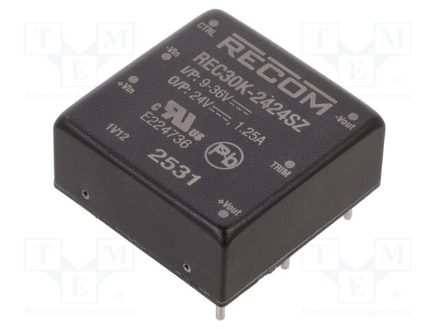 Converter: DC/DC; 30W; Uin: 9÷36V; Uout: 24VDC; Iout: 1.25A; 1"x1"