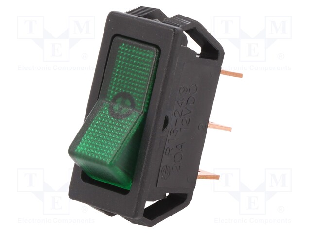 ROCKER; SPST; Pos: 2; OFF-ON; 20A/12VDC; green; neon lamp; 50mΩ