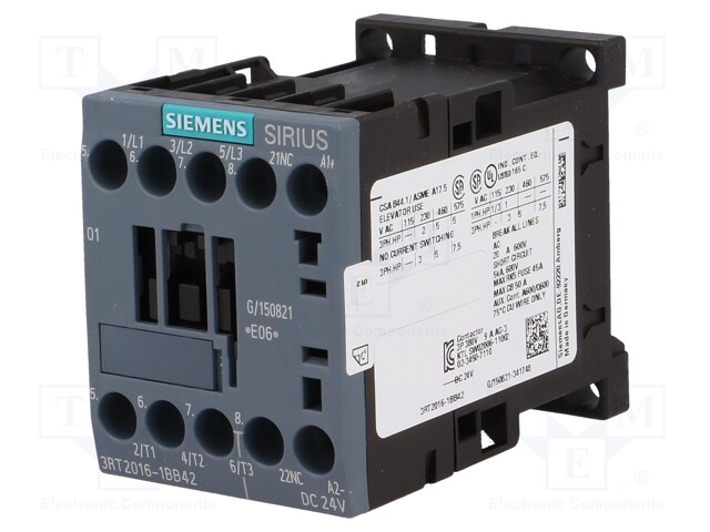 Contactor: 3-pole; NO x3; Auxiliary contacts: NC; 24VDC; 9A; 3RT20