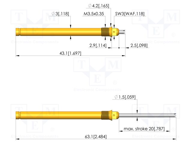 Test needle; Spring compression: 12mm; 20mm; 10A; steel; Ø: 1.5mm