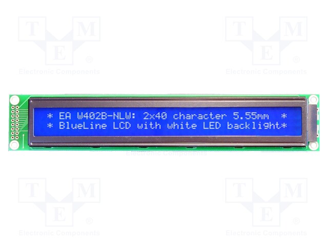Display: LCD; alphanumeric; STN Negative; 40x2; blue; 182x33.5mm