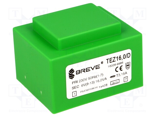 Transformer: encapsulated; 16VA; 230VAC; 6V; 2666.6mA; IP00; 420g