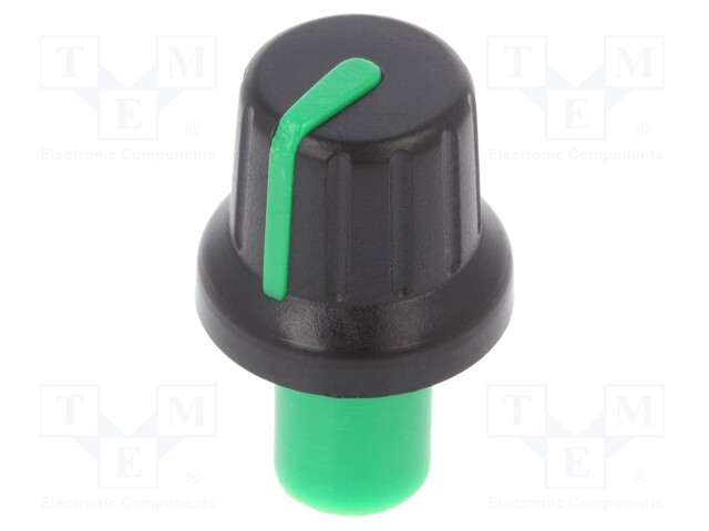 Knob; with pointer; ABS; Shaft d: 6mm; Ø16x14.4mm; black; push-in