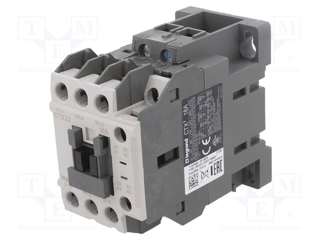 Contactor: 3-pole; NO x3; Auxiliary contacts: NO + NC; 24VAC; 18A