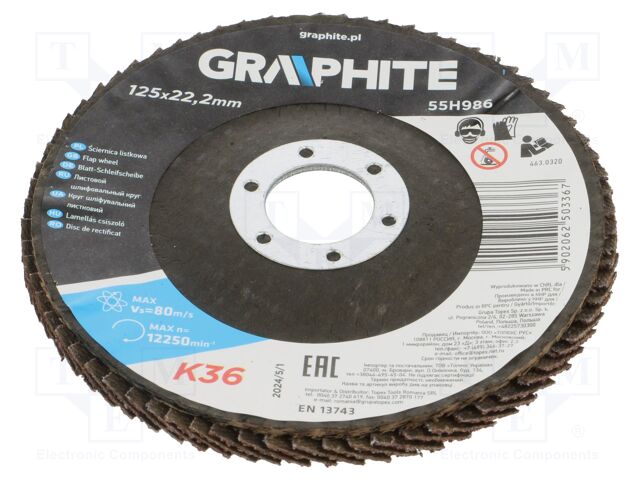 Flap grinding wheels; Ø: 125mm; Øhole: 22.2mm; Granularity: 36