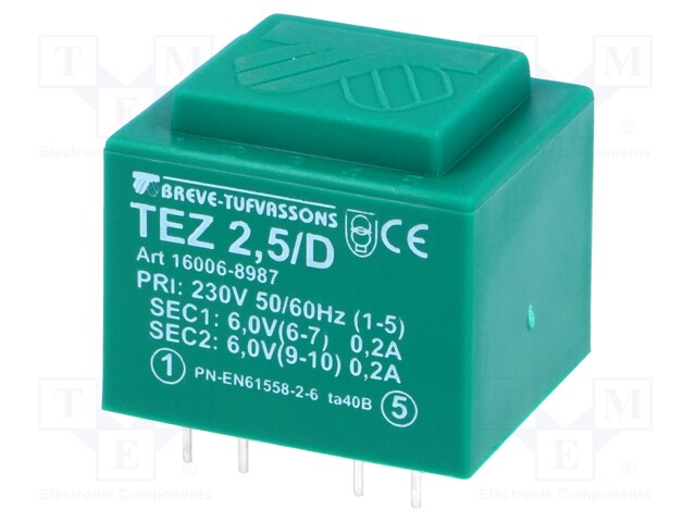Transformer: encapsulated; 2.5VA; 230VAC; 6V; 6V; 208.3mA; 208.3mA